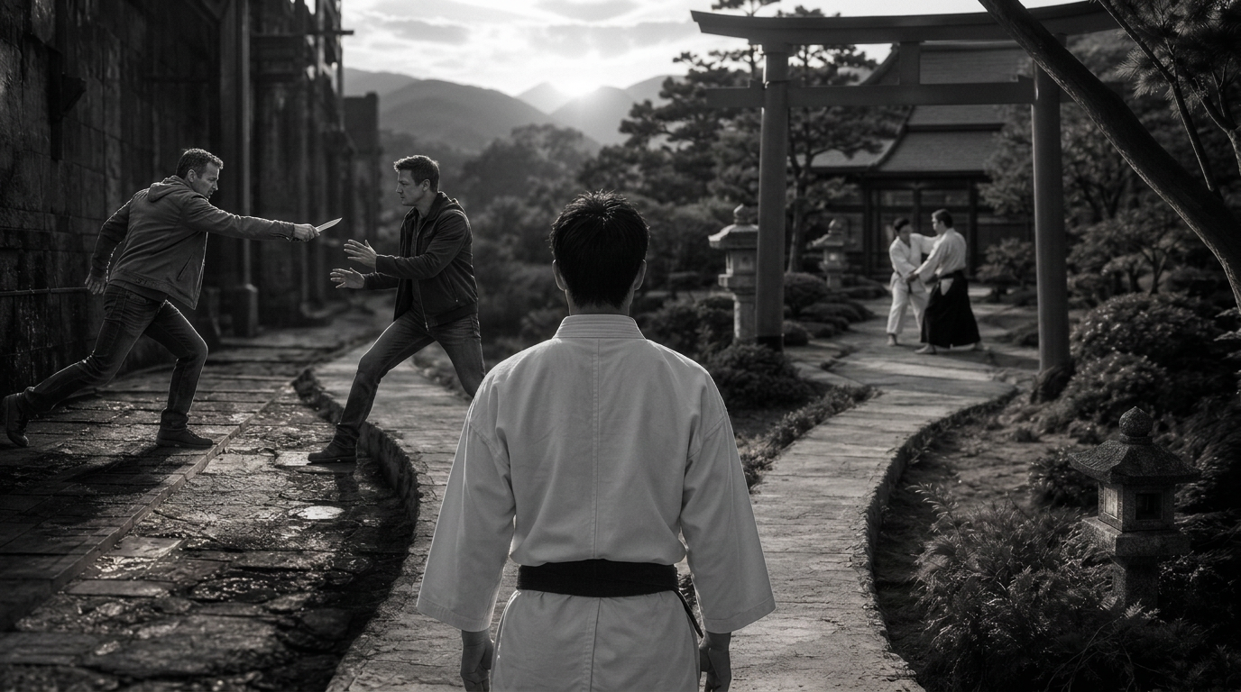 Aikido practitioner observing a martial arts encounter in a Japanese dojo garden