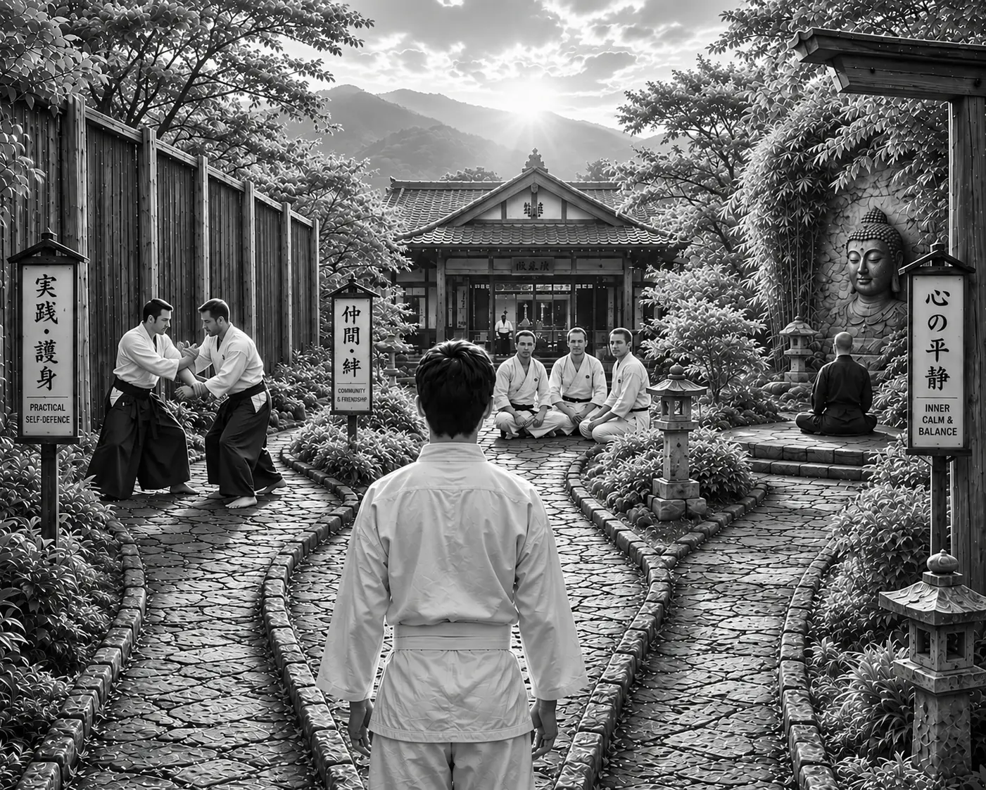 Beginner in a white belt standing where three dojo paths divide: self-defence, community and inner calm